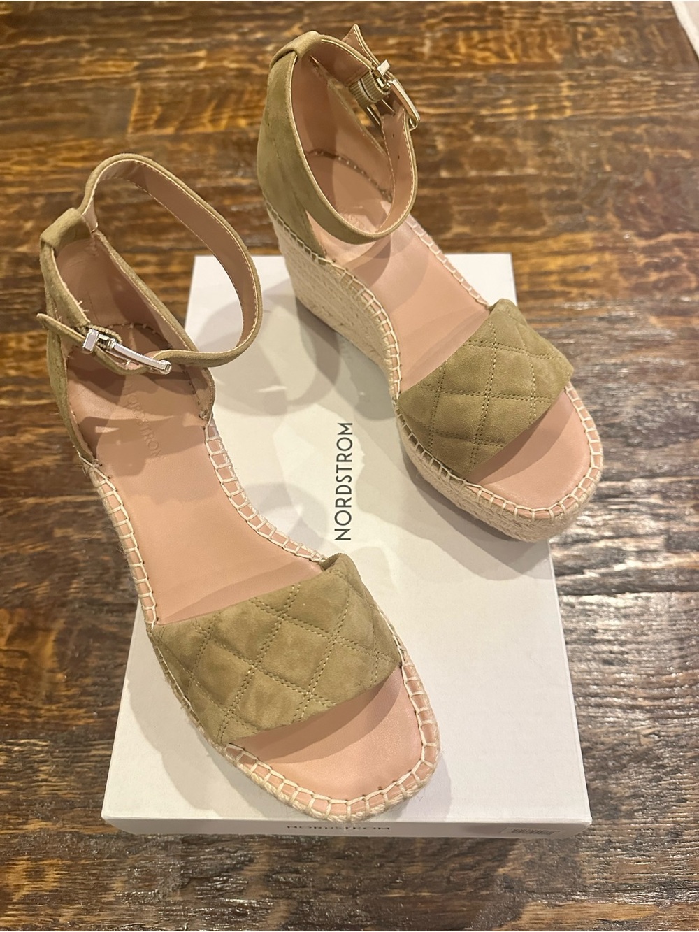 Nordstrom Olive Green Quilted Ankle-Strap Wedge Espadrilles